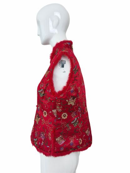 ADRIENNE LANDAU Vintage Red Chinoiserie Fur Trimmed Lightweight Vest