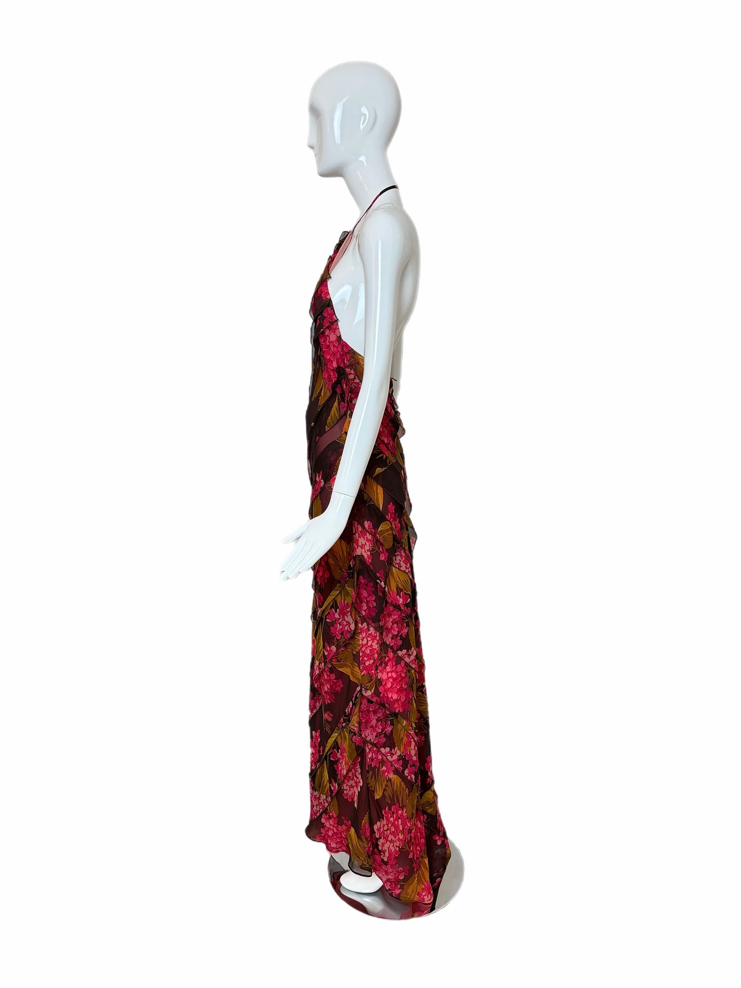 VERA WANG 2000 Vintage Silk Floral Ruffle Halter Evening Gown