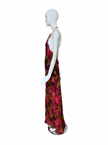 VERA WANG 2000 Vintage Silk Floral Ruffle Halter Evening Gown