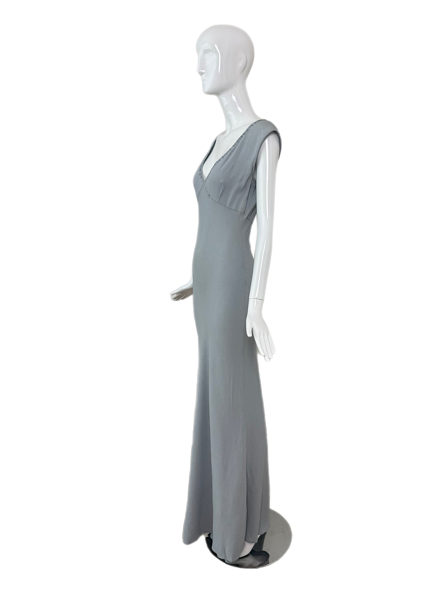 LES HABITUDES 90's Vintage Dusty Powder Blue Floral Neckline Slip Gown