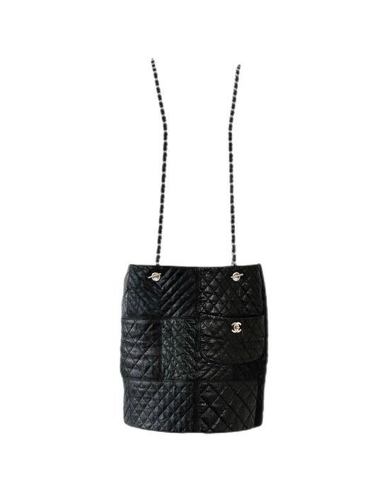 CHANEL 2010 Vintage Black Leather Mini Skirt w. Chain Suspenders