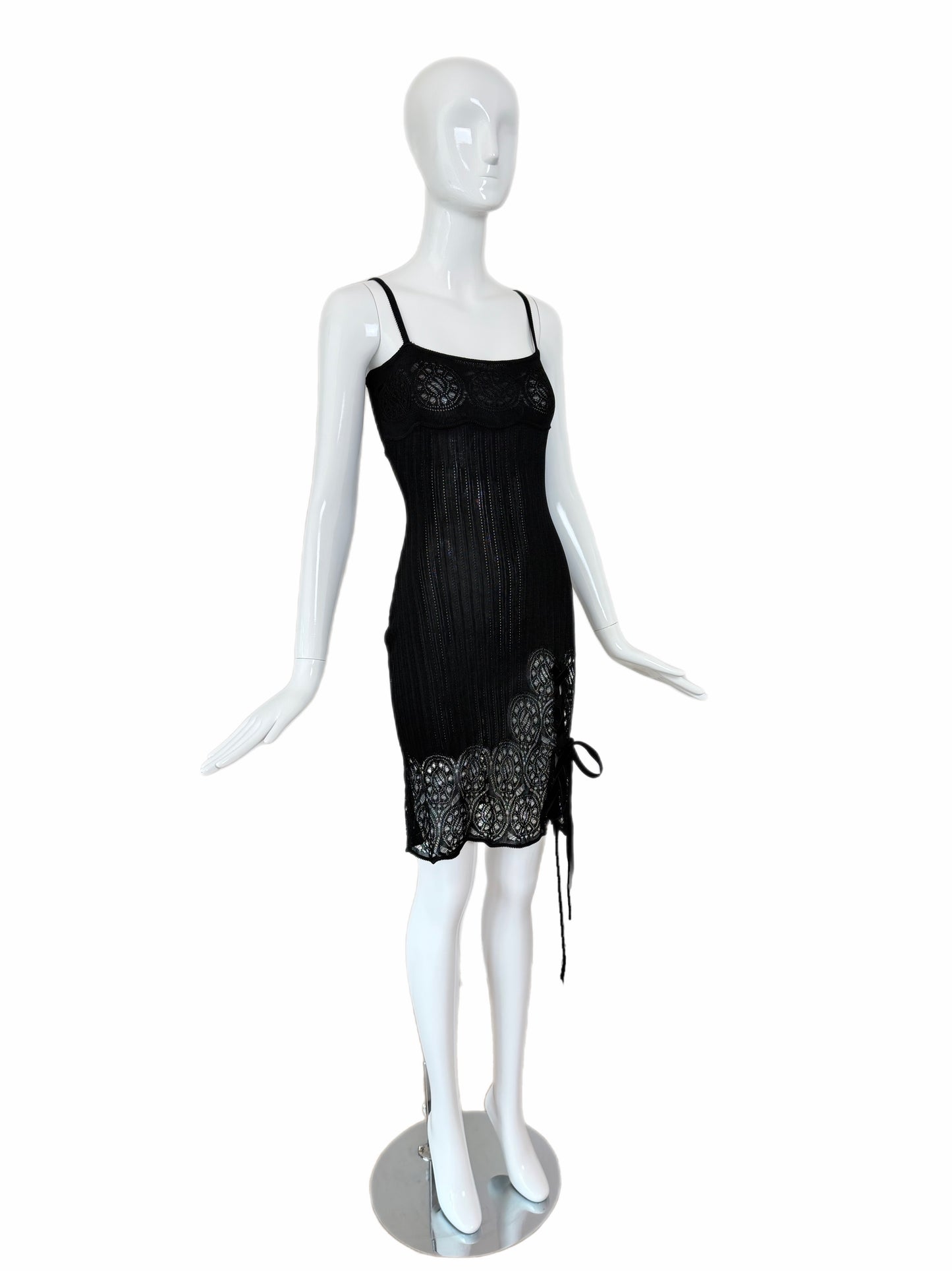 JOHN GALLIANO 1999 Vintage Sheer Knit Black Pointelle Cocktail Dress
