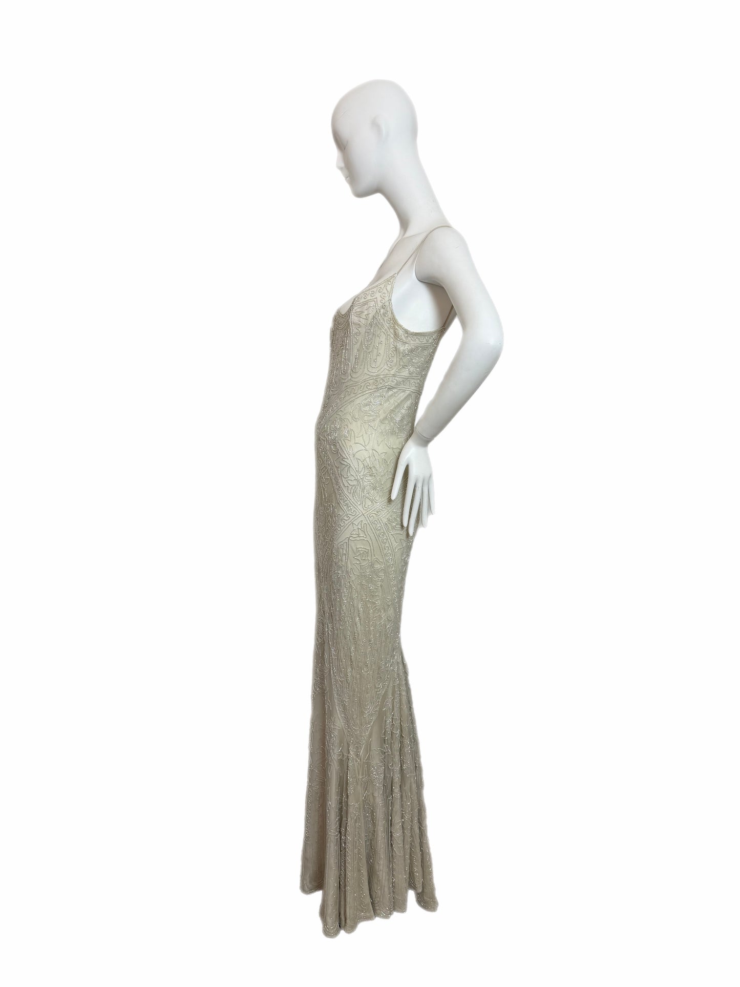 LES HABITUDES 90's Couture Vintage Iridescent Greige Silk Hand Beaded Bridal Gown