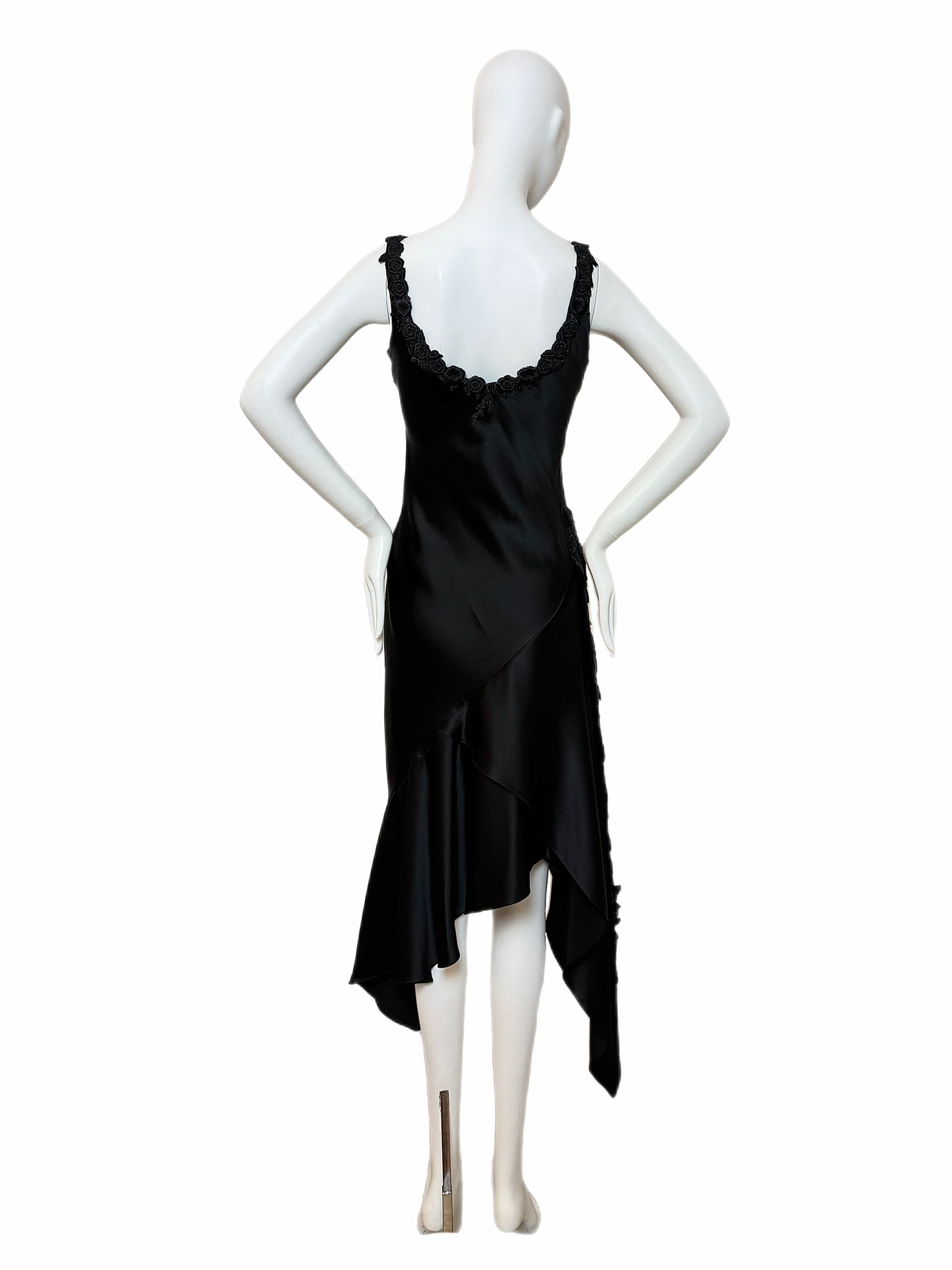 VINTAGE 90's Black Silk Floral Embroidered Handkerchief Asymmetrical Dress