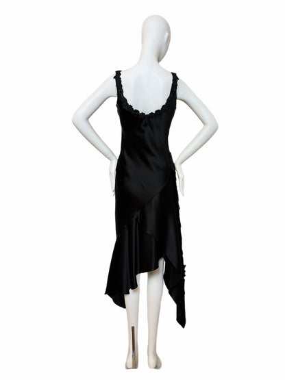 VINTAGE 90's Black Silk Floral Embroidered Handkerchief Asymmetrical Dress