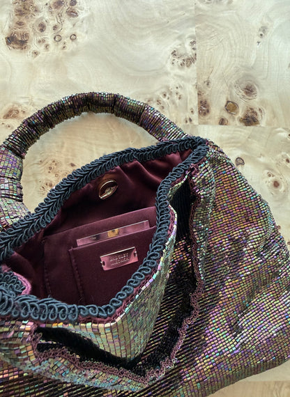 BADGLEY MISCHKA Vintage Iridescent Purple Entirely Glass Beaded Evening Bag