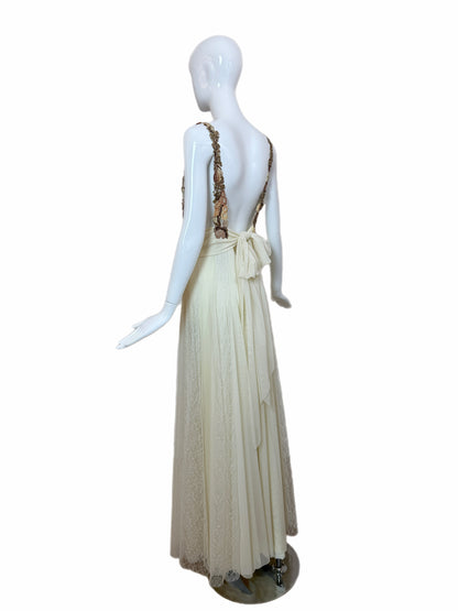 Ema Savahl Couture Hand Painted Ivory Pleated Lace Backless Gown