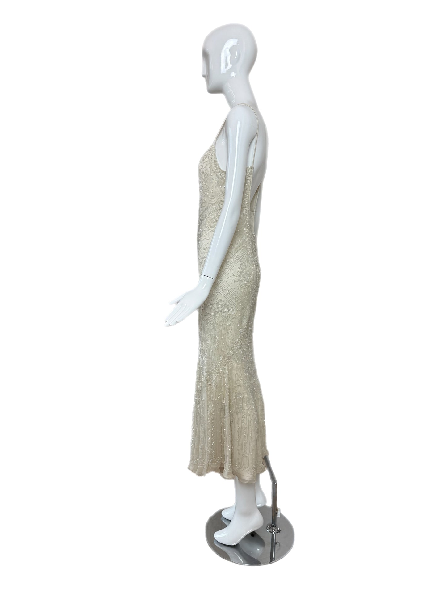 LES HABITUDES 90's Vintage Couture Ivory White Silk Beaded Dress w. Shawl