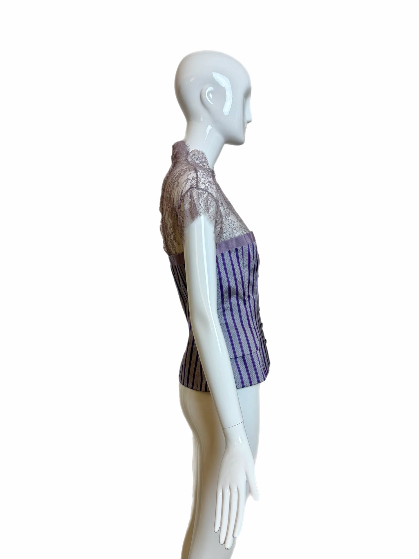 ALEXANDER MCQUEEN 2004 Vintage Silk Purple Pinstripe Lace Blouse