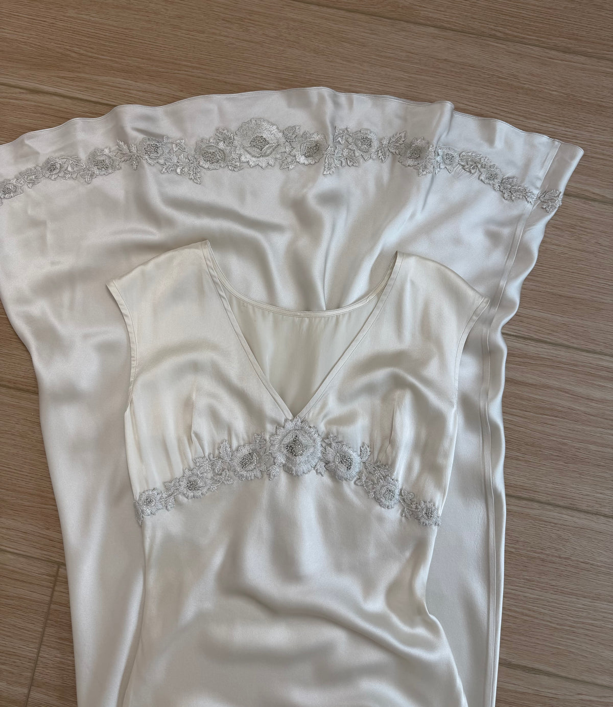 LES HABITUDES 90's Vintage Silver Grey Satin Floral Hand Beaded Antique Look Slip Gown