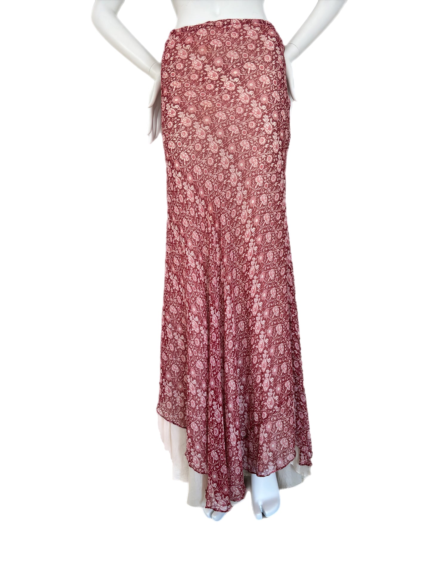 LES HABITUDES Red Silk Floral Maxi Skirt