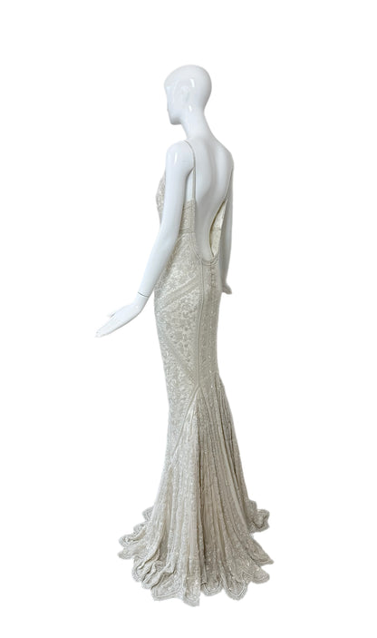 LES HABITUDES 90's Vintage Couture Hand-Beaded w. Pearls White Silk Bridal Gown