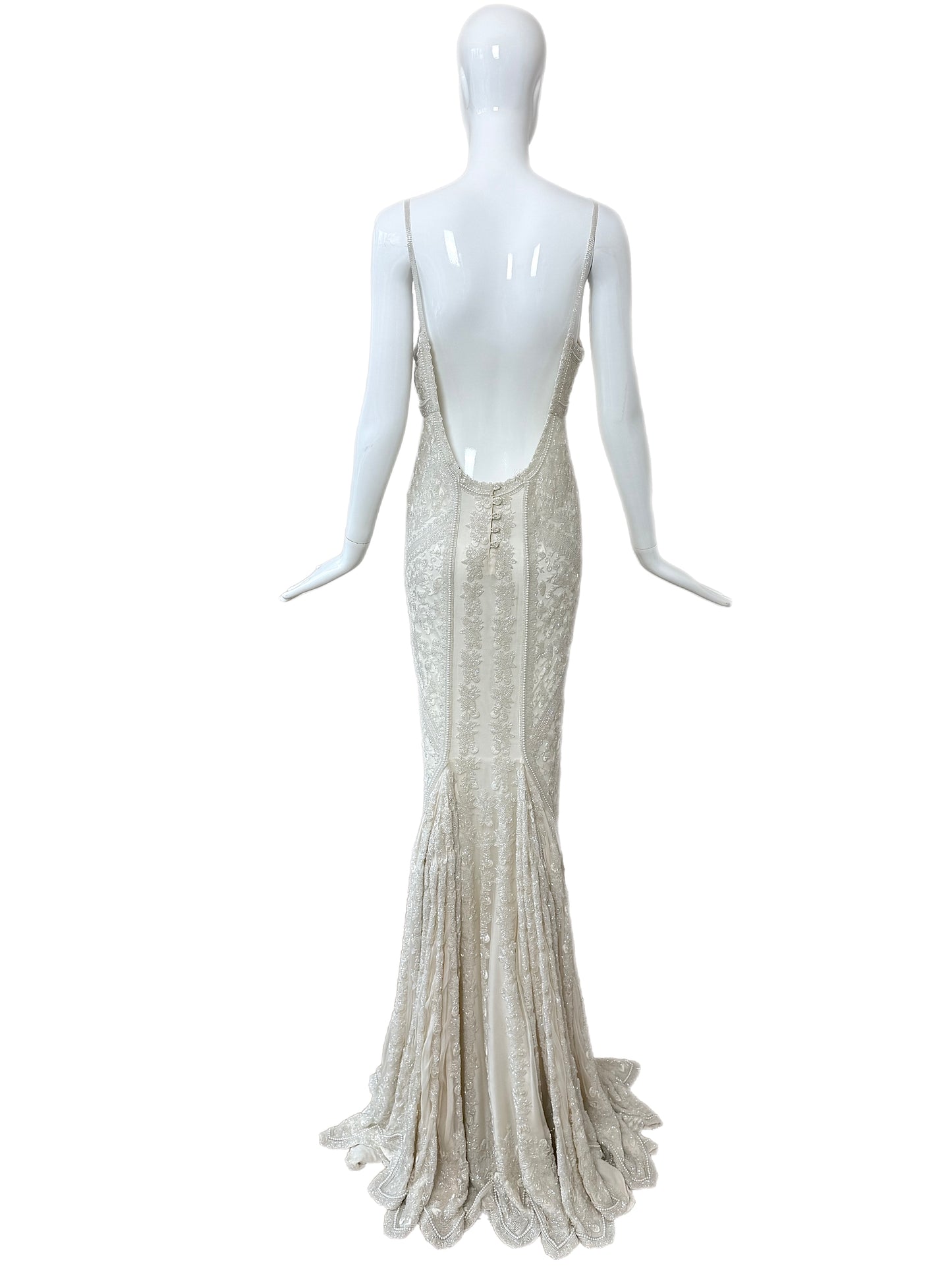 LES HABITUDES 90's Vintage Couture Hand-Beaded w. Pearls White Silk Bridal Gown