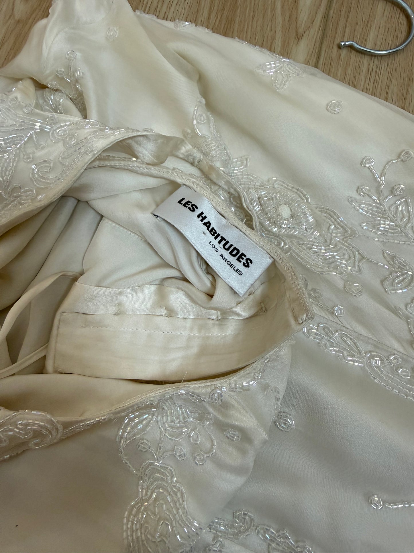 LES HABITUDES 90's Vintage Couture Ivory Beaded Silk Wedding Gown w. Shawl