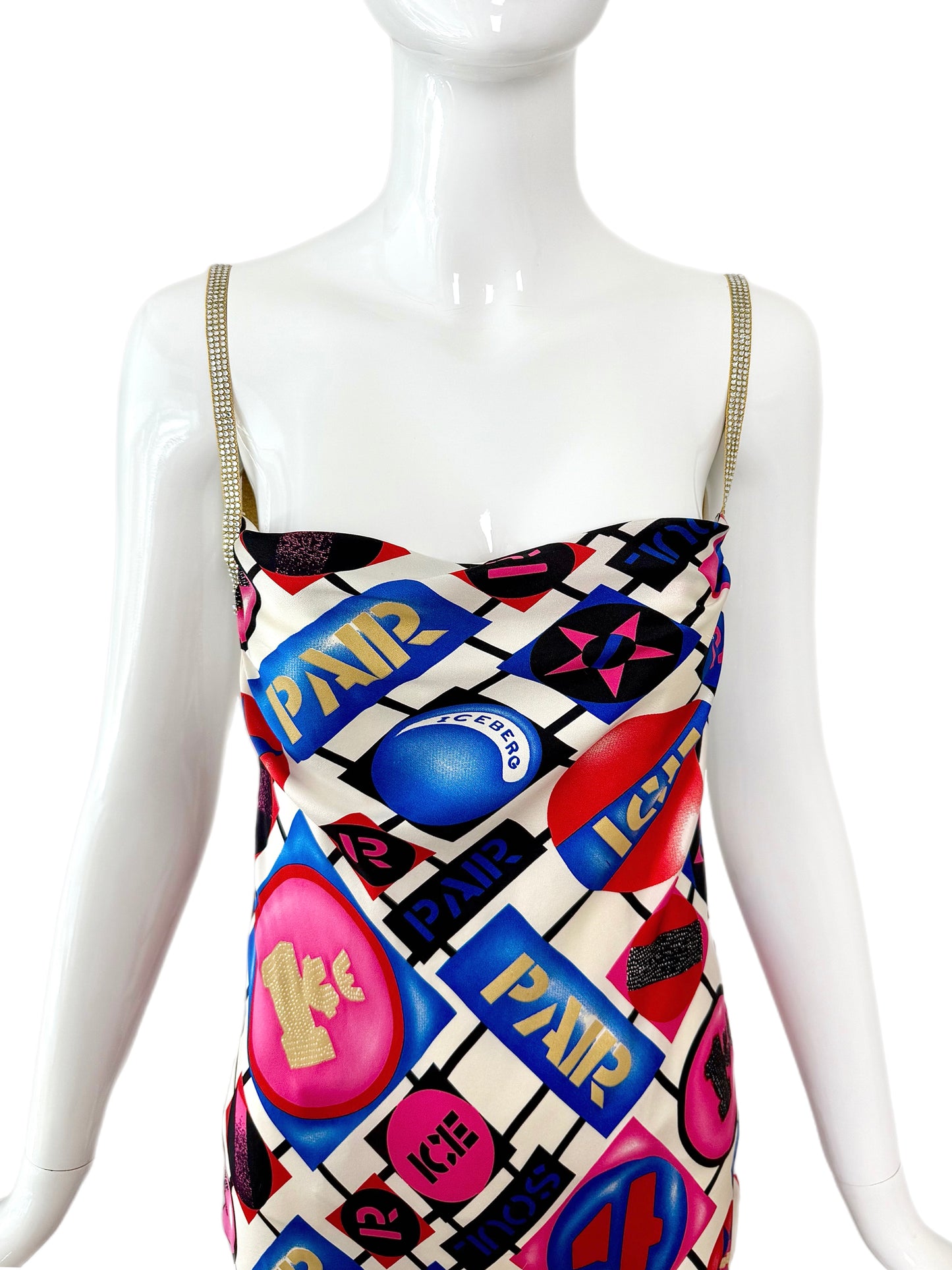 ICEBERG 2001 Vintage Runway 100% Silk Crystal Strap Backless Gown