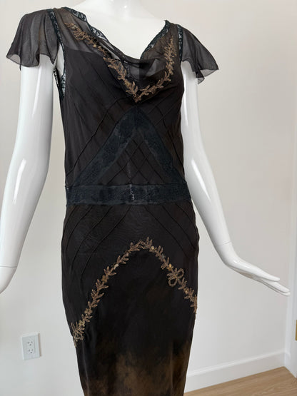 JOHN GALLIANO 2006 Vintage Runway Silk Bias Cut Metal + Lace Embellished Evening Gown