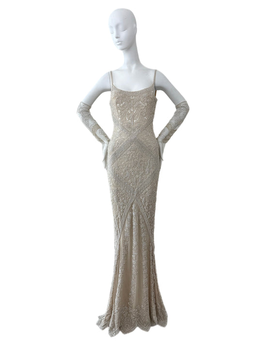 LES HABITUDES 90's Vintage Couture Hand-Beaded w. Pearls Silk Bridal Gown w. Gloves