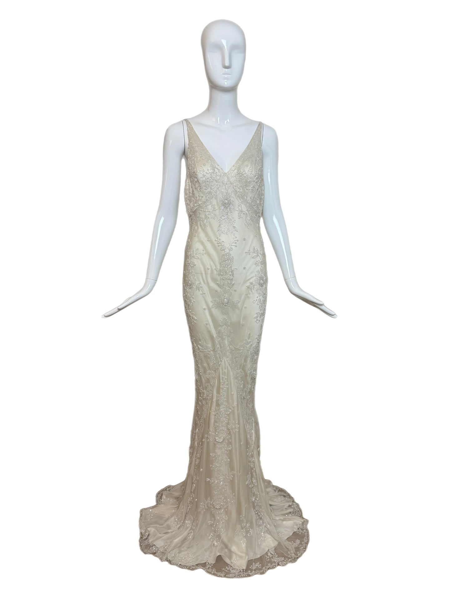 LES HABITUDES 90's Vintage Couture Ivory Beaded Silk Wedding Gown w. Shawl