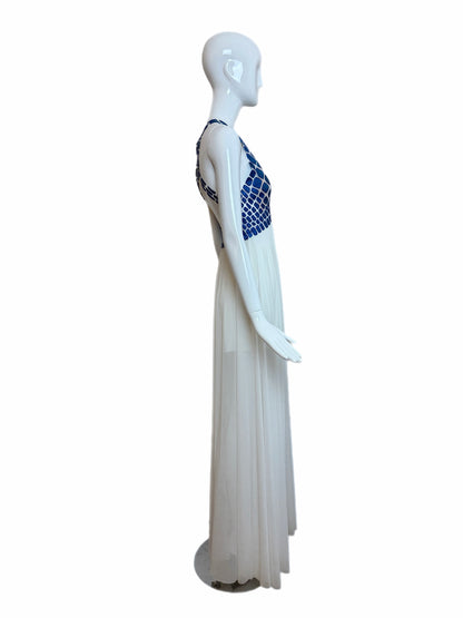 EMA SAVAHL COUTURE Custom Hand Painted Blue + Ivory Grecian Gown
