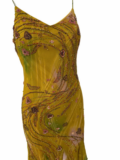 SUE WONG 2000's Vintage Silk Beaded Romantic Fairy Pixie Dress