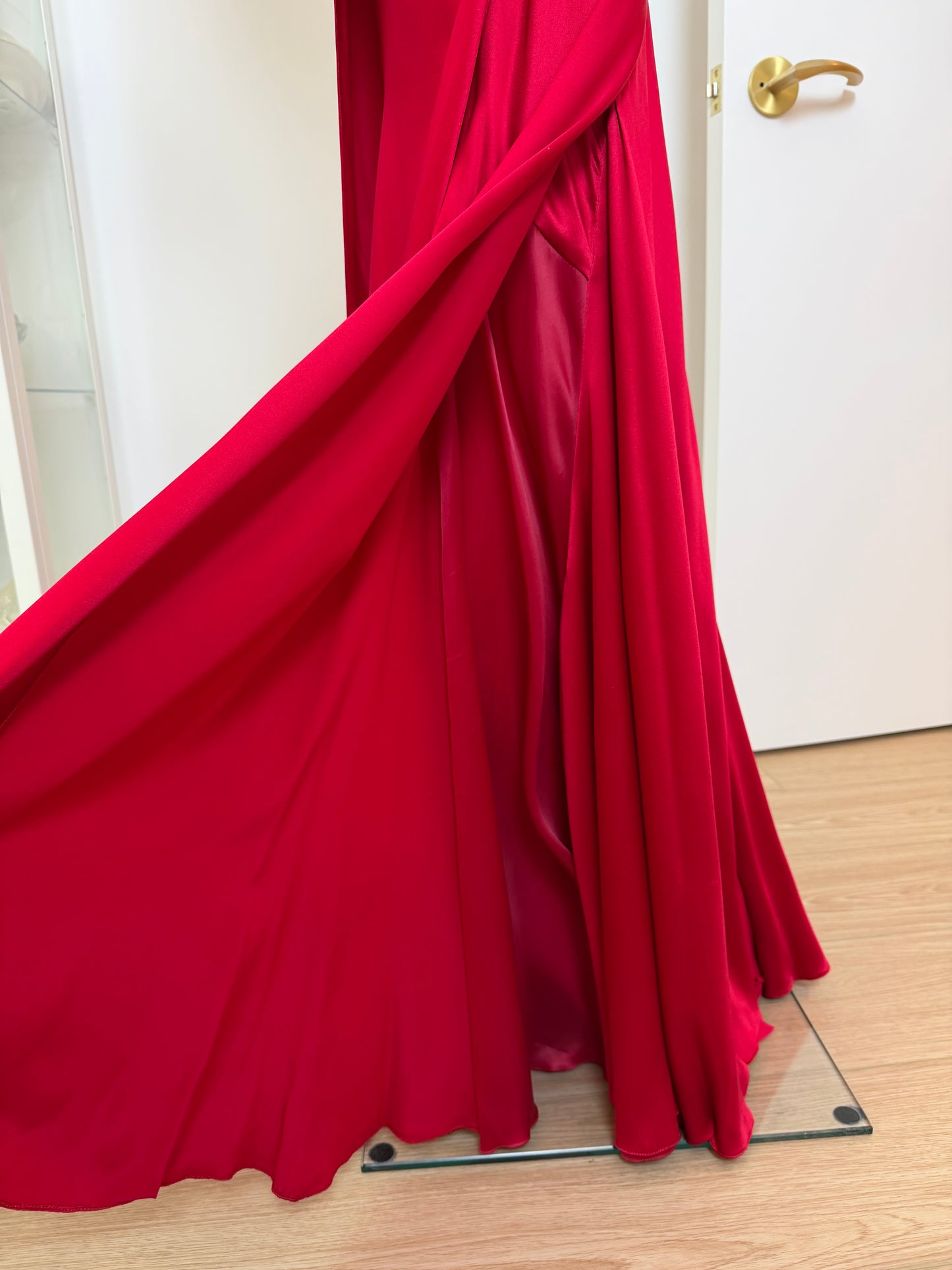 ROBERT DANES Red Liquid Silk Layered Bias Cut Maxi Skirt