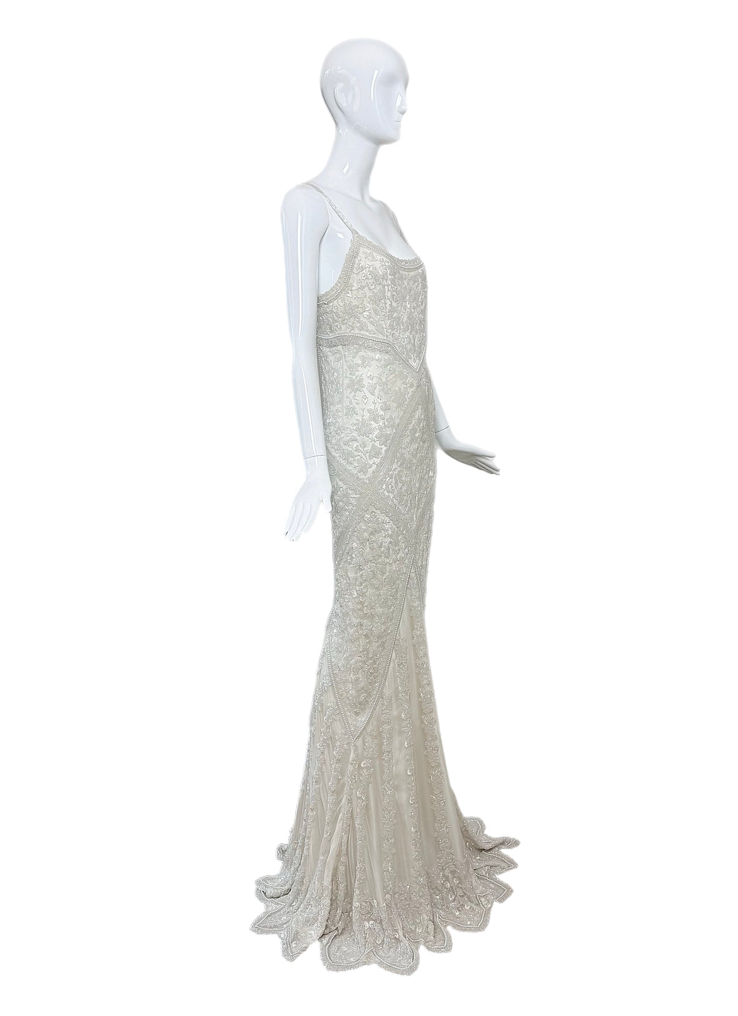 LES HABITUDES 90's Vintage Couture Hand-Beaded w. Pearls White Silk Bridal Gown