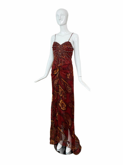 SUE WONG Vintage Silk Burgundy Embellished Evening Gown w. Train