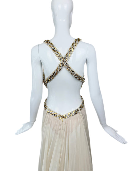 ROBERTO CAVALLI 2009 Vintage Ivory Chain Embellished Silk Gown