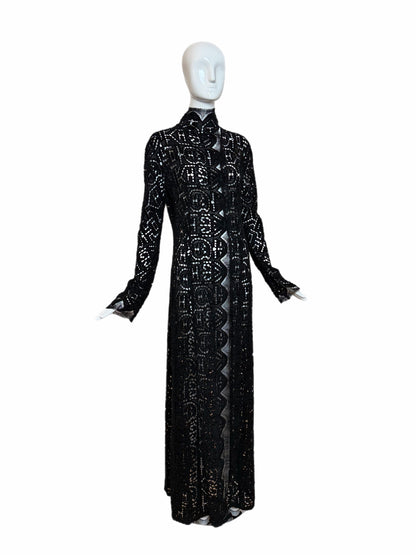 Danes Vintage Black Crochet Dramatic Floor Length Long Sleeve Jacket