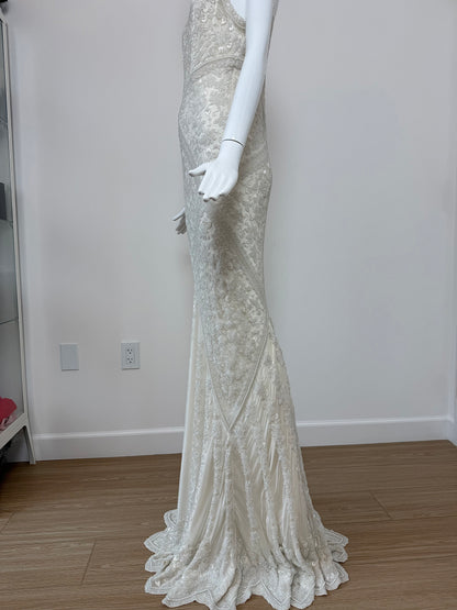 LES HABITUDES 90's Vintage Couture Hand-Beaded w. Pearls White Silk Bridal Gown