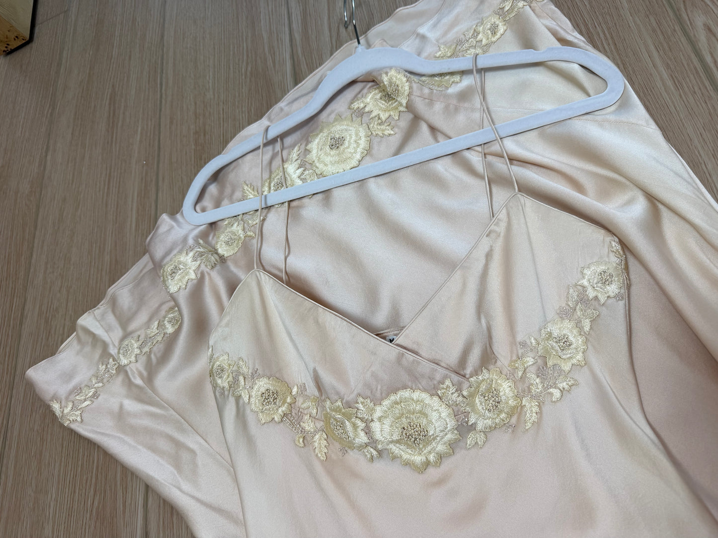 LES HABITUDES 90's Vintage Blush Peach Beaded Floral Slip Gown