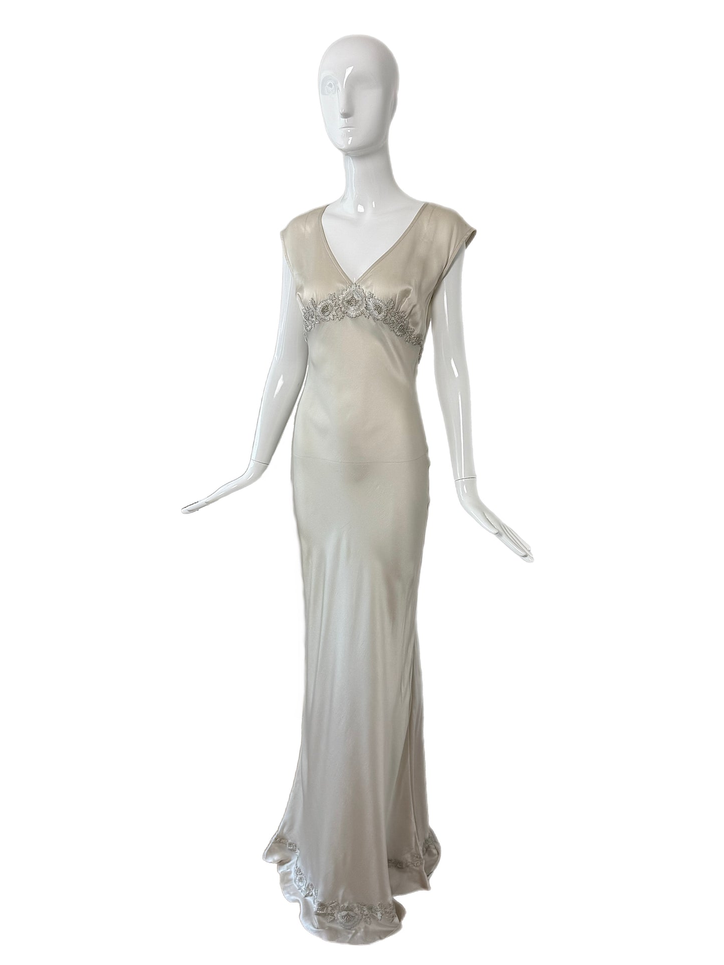 LES HABITUDES 90's Vintage Silver Grey Satin Floral Hand Beaded Gown