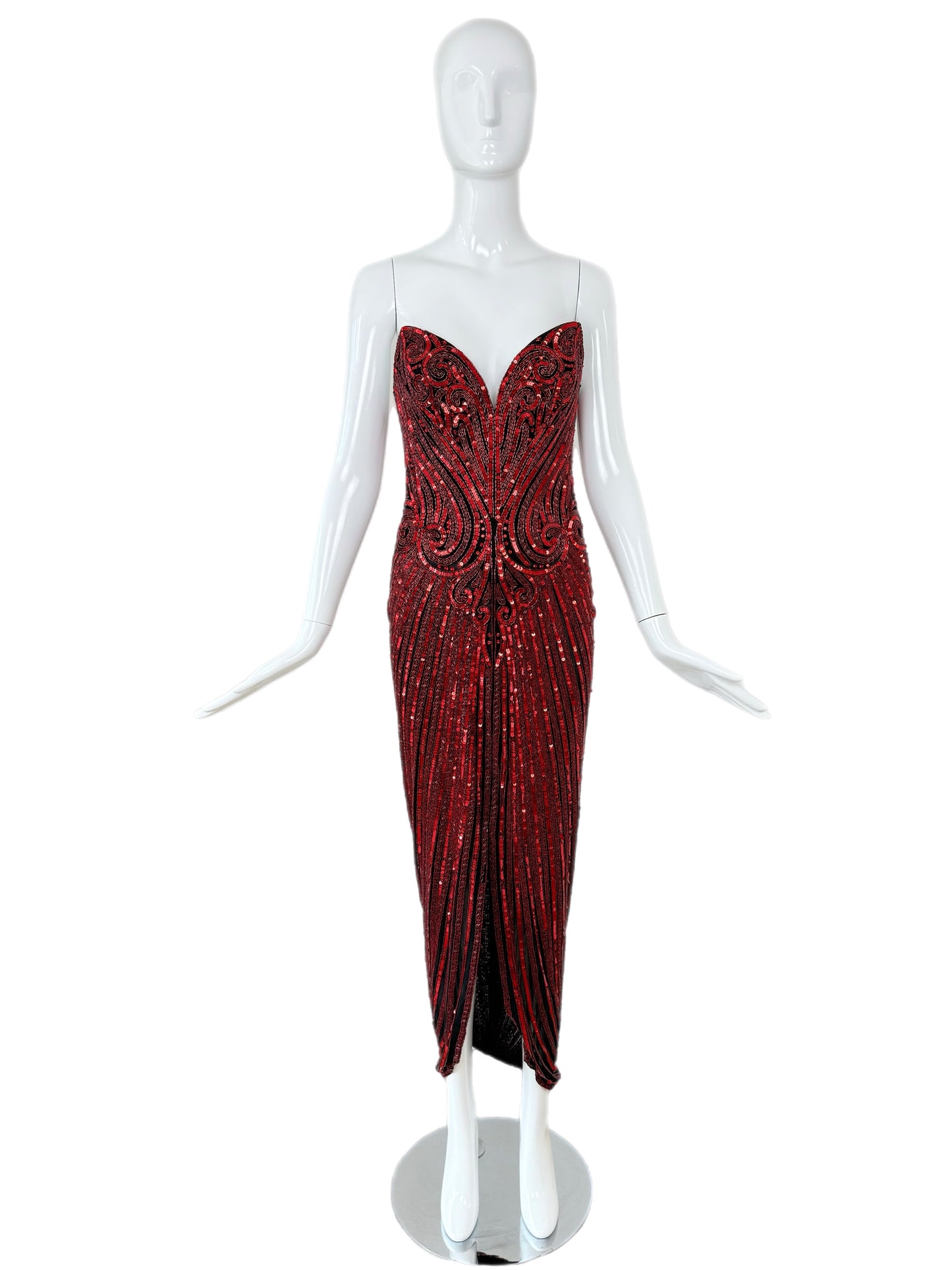 BOB MACKIE c. 1987 Vintage Red Heavily Embellished Evening Gown