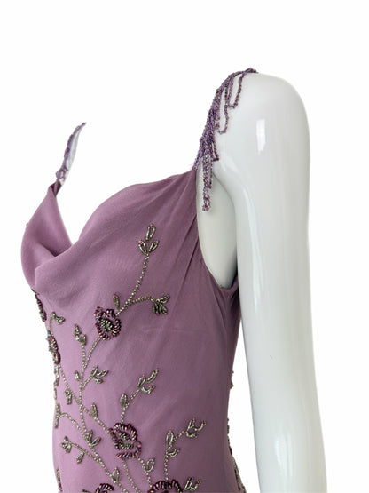 SUE WONG 2003 Vintage Runway Plum Purple Silk Beaded Slip Dress