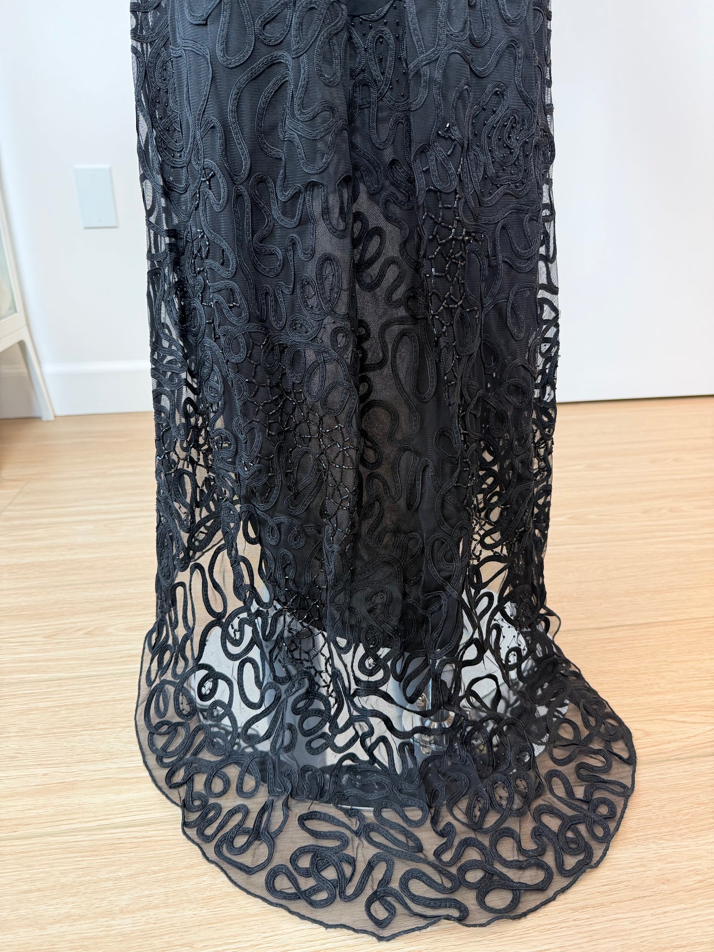 SUE WONG 00's Vintage Silk Black Beaded Evening Gown w. Train