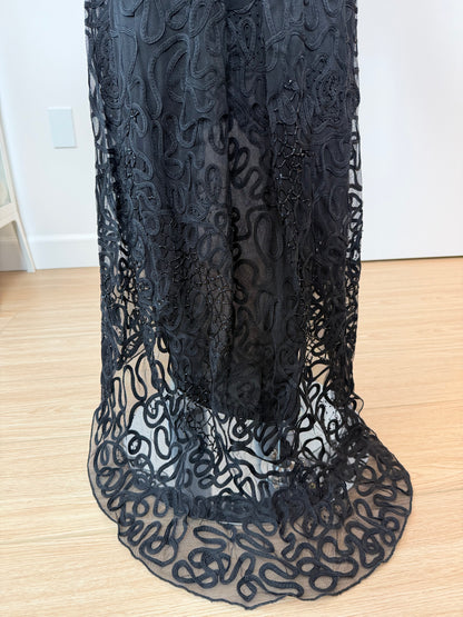 SUE WONG 00's Vintage Silk Black Beaded Evening Gown w. Train