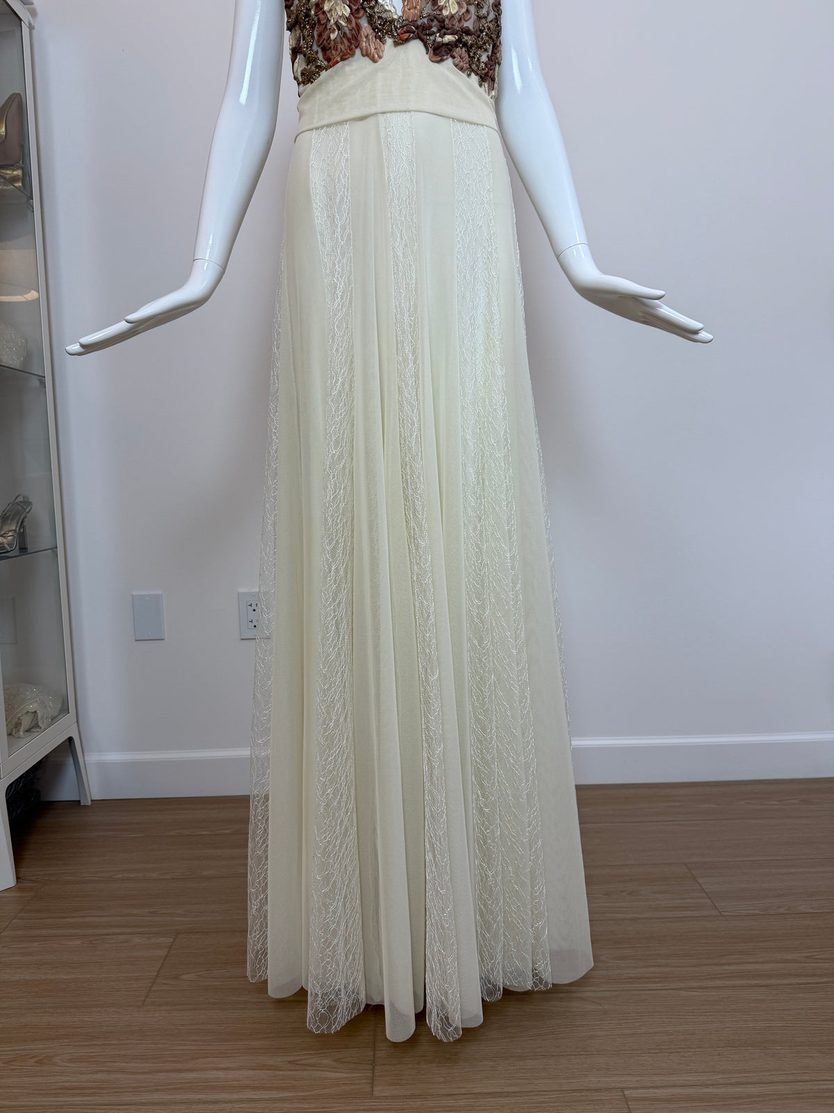 Ema Savahl Couture Hand Painted Ivory Pleated Lace Backless Gown
