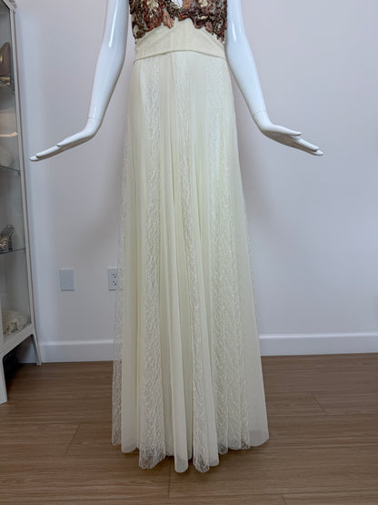 Ema Savahl Couture Hand Painted Ivory Pleated Lace Backless Gown