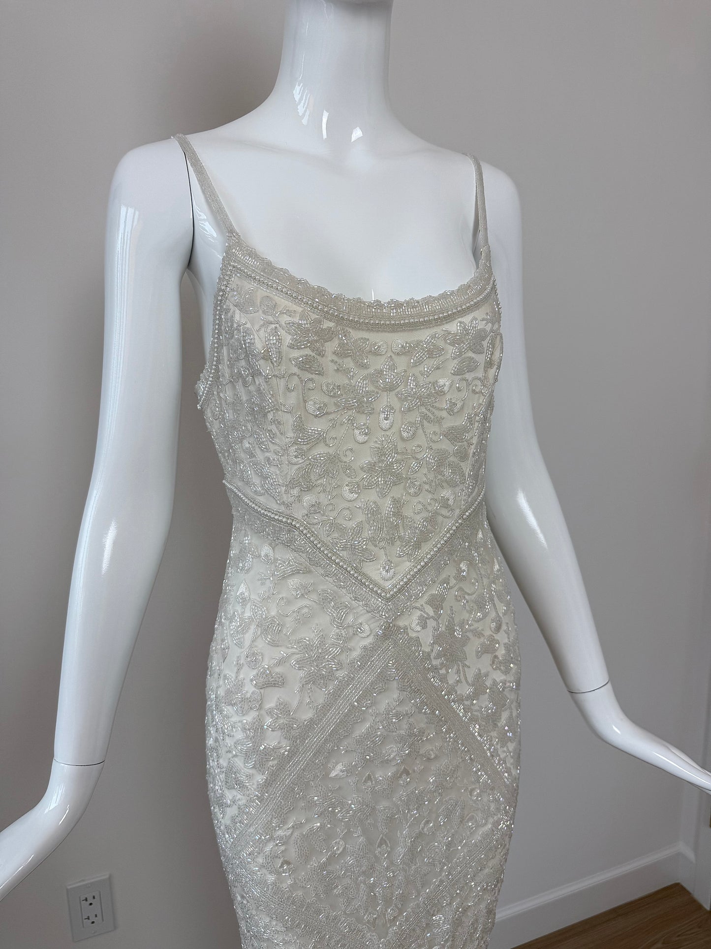 LES HABITUDES 90's Vintage Couture Hand-Beaded w. Pearls White Silk Bridal Gown
