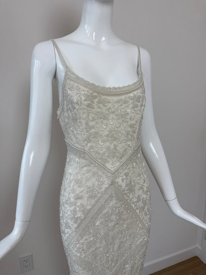 LES HABITUDES 90's Vintage Couture Hand-Beaded w. Pearls White Silk Bridal Gown