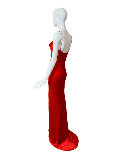 DONNA KARAN 90's Vintage Red Satin Cowl Neck Evening Gown w. Train