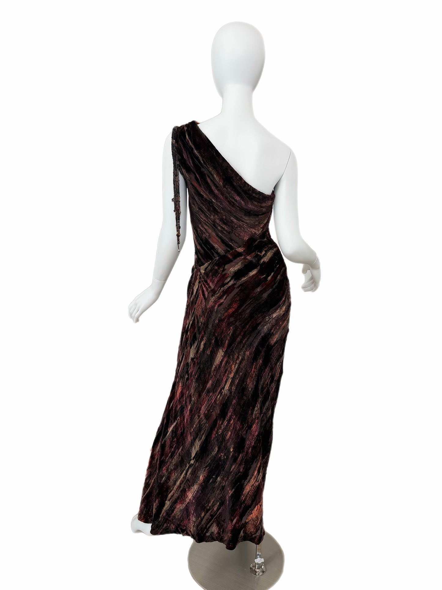 BOB MACKIE Vintage Embellished One Shoulder Brushstroke Evening Gown