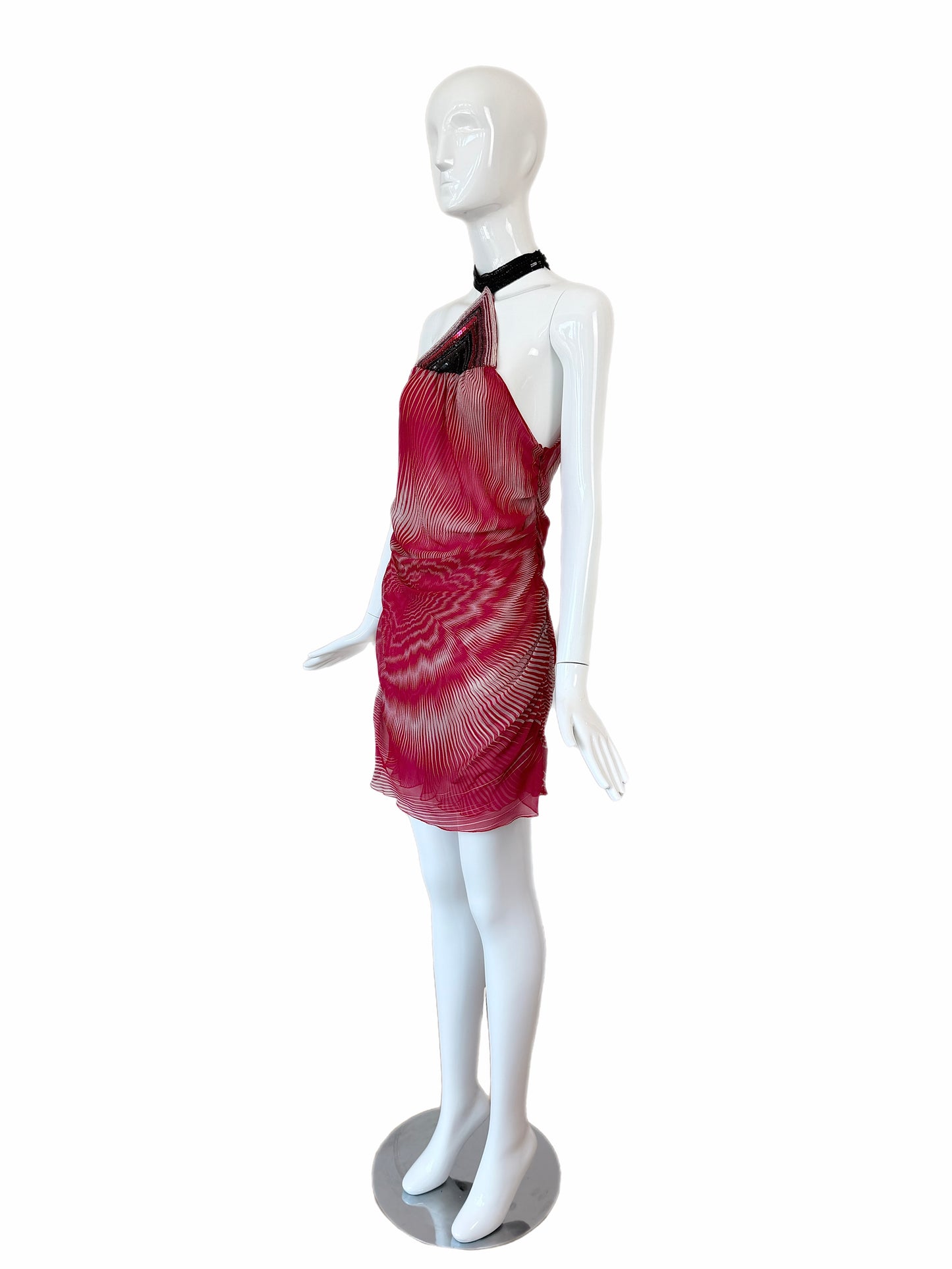 MISSONI 2003 Vintage Runway Silk Embellished Halter Neck Mini Dress