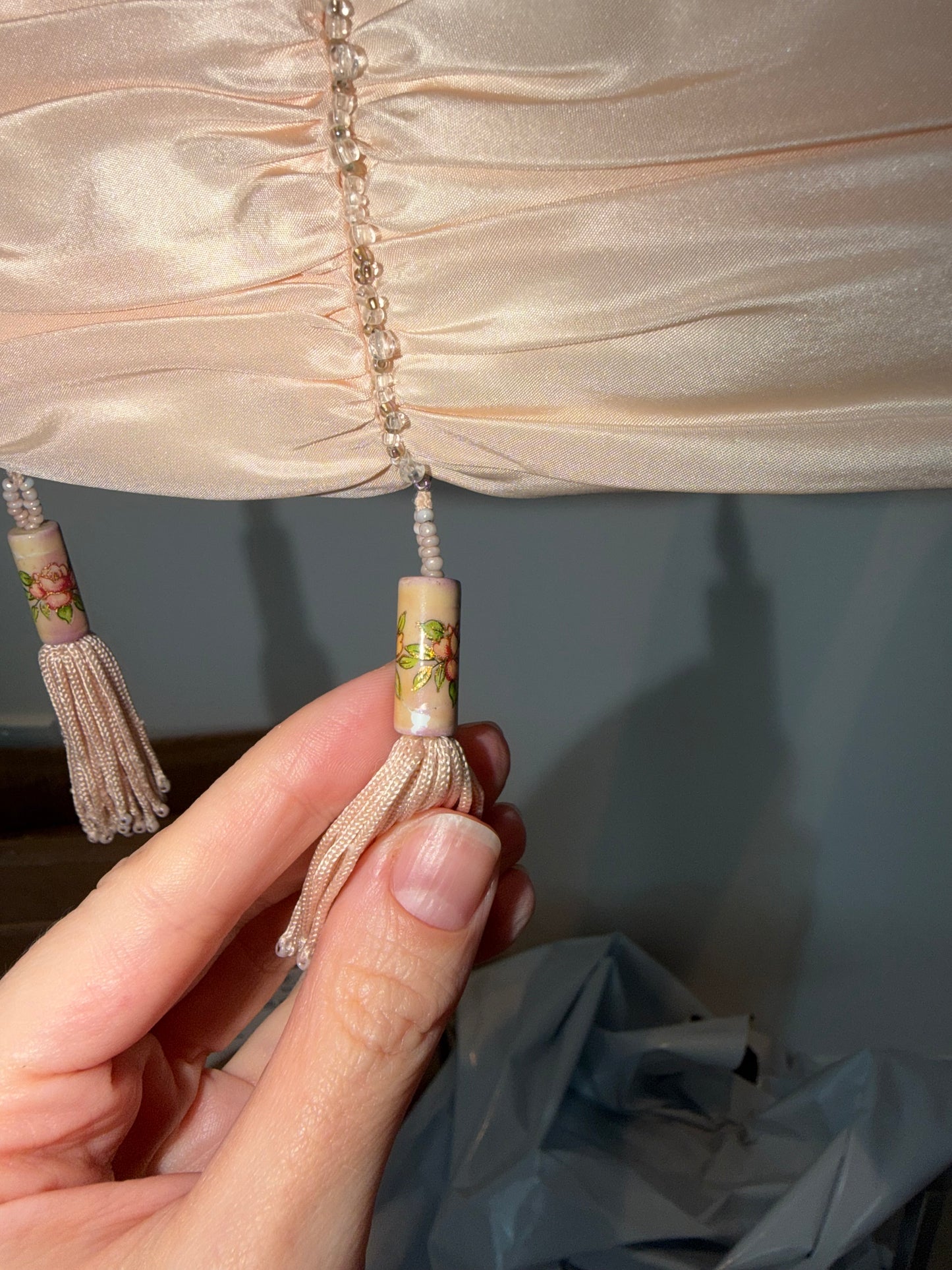 BADGLEY MISCHKA Vintage Peach Satin Beaded Tassel Evening Bag