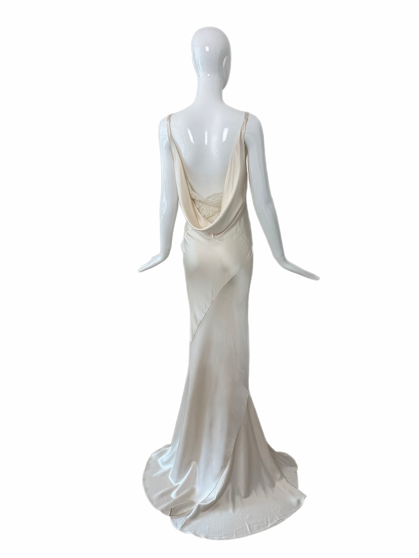 LES HABITUDES Vintage Ivory Silk Wedding Dress w. Open Cowl Lace Back