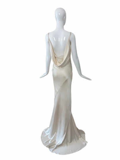 LES HABITUDES Vintage Ivory Silk Wedding Dress w. Open Cowl Lace Back