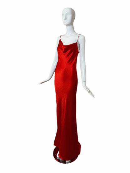 DONNA KARAN 90's Vintage Red Satin Cowl Neck Evening Gown w. Train