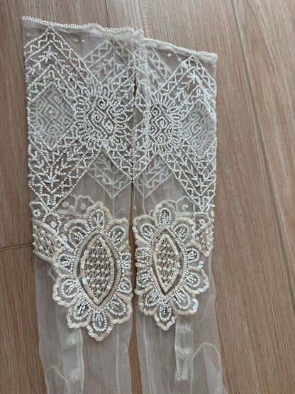 LES HABITUDES 90's Vintage Couture Hand-Beaded w. Pearls Silk Bridal Gown w. Gloves