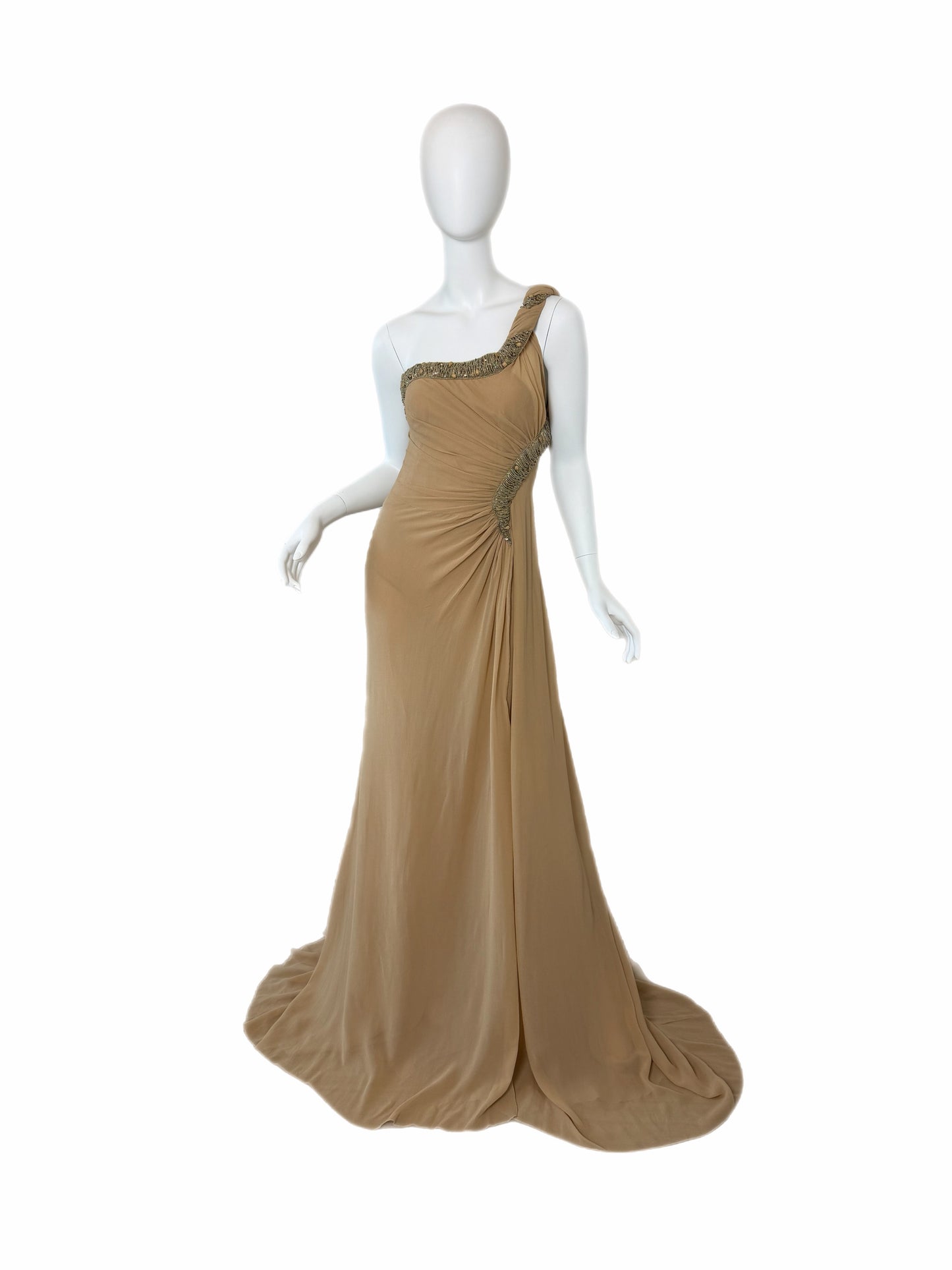 ROBERTO CAVALLI 2012 Silk Chiffon Tan Embellished Grecian Gown w. Slit