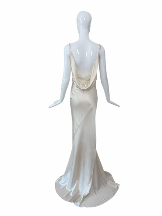 LES HABITUDES Vintage Ivory Silk Wedding Dress w. Open Cowl Lace Back